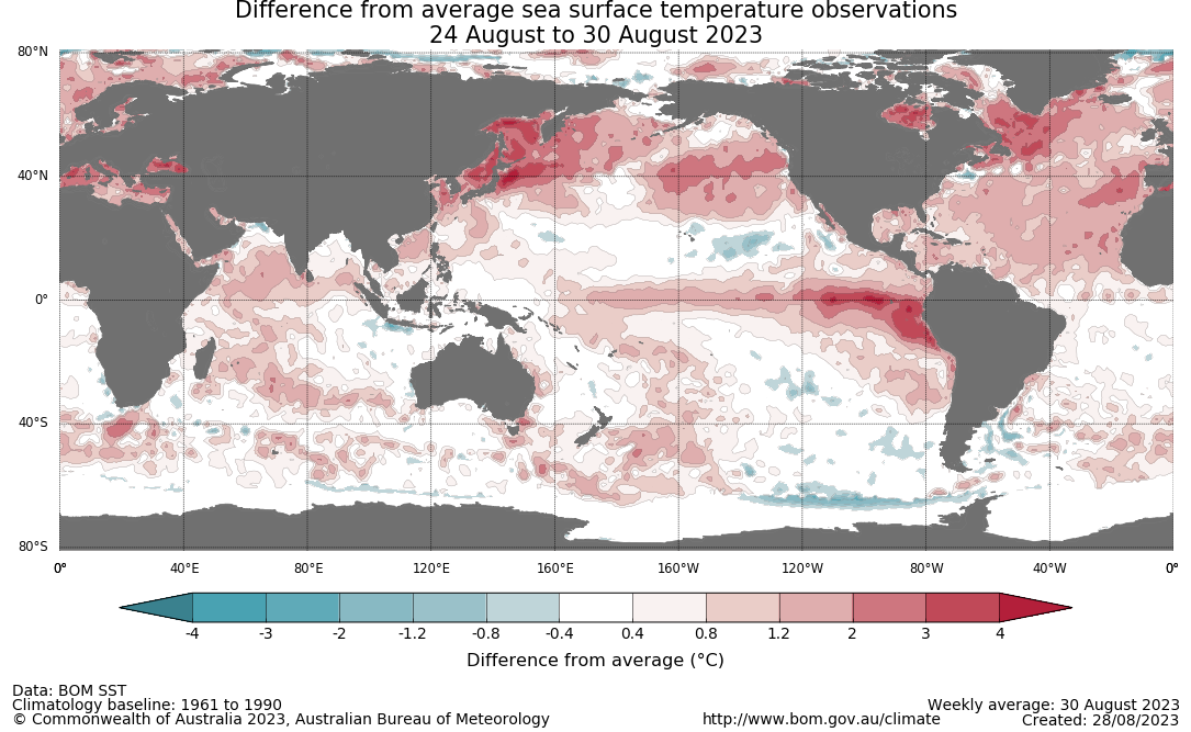 Map showing the global sea surface temperature observations difference from average during the previous week. The climatology baseline used is 1961 to 1990. Image provided by the Bureau of Meteorology. Please refer to accompanying text for a more detailed description.