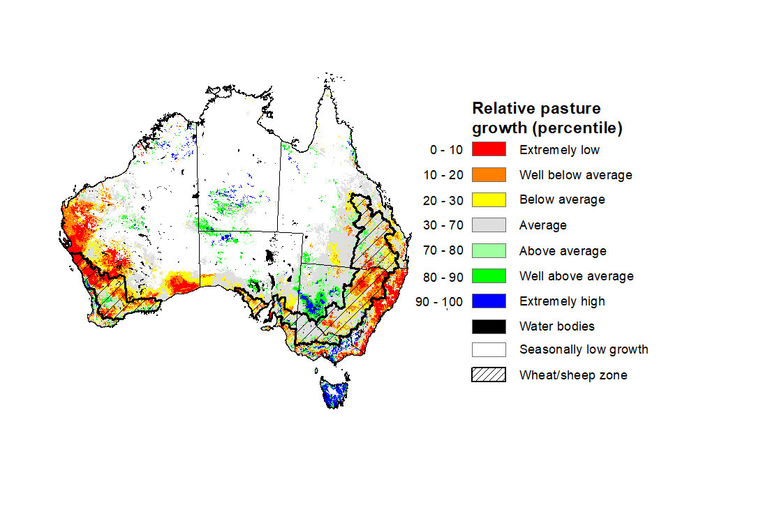 Map showing the relative pasture growth for December 2022 in Australia. Image provided by AussieGRASS. Please refer to accompanying text for a more detailed description.