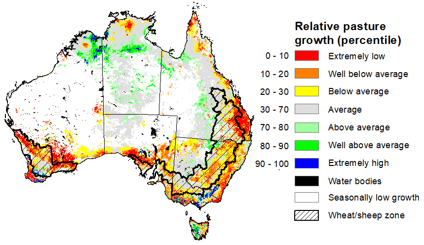 Map showing the relative pasture growth for latest 3 months Australia. Image provided by AussieGRASS. Please refer to accompanying text for a more detailed description.