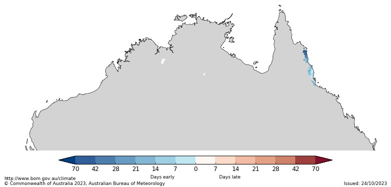 Map showing the number of days the northern Australia rainfall is either early or late. Image provided by the Bureau of Meteorology.