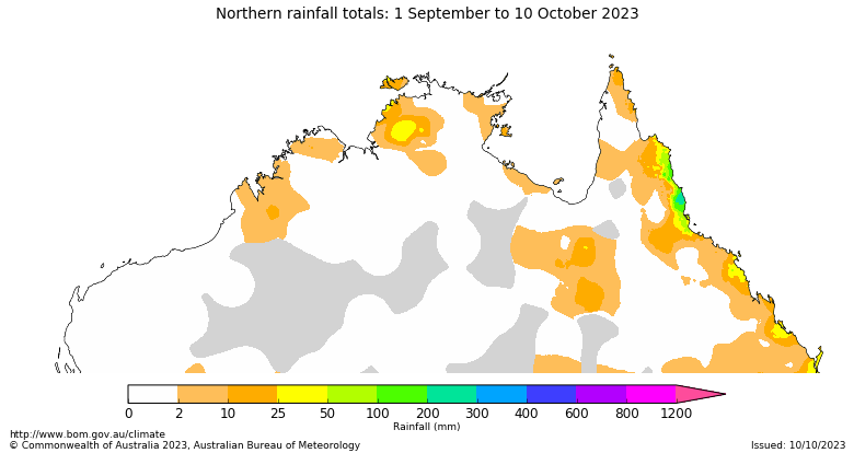 Map showing total rainfall received from 1 September 2023 in the northern Australia. Image provided by the Bureau of Meteorology. Please refer to accompanying text for a more detailed description. 