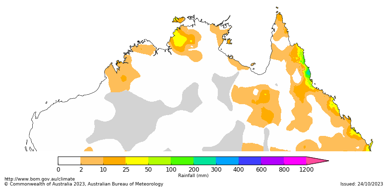 Map showing total rainfall received from 1 September 2023 in the northern Australia. Image provided by the Bureau of Meteorology. Please refer to accompanying text for a more detailed description. 