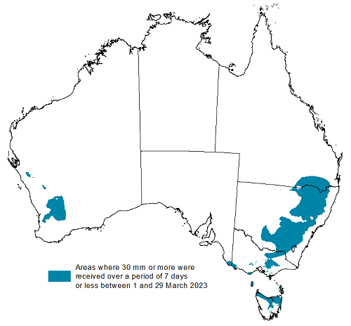 Map showing the areas where 30 millimetres or more were received over a period of 7 days or less since 1 March in Australia. Areas that achieved this in southern pasture and cropping areas that achieved this shown in dark blue. Please refer to accompanying text for a more detailed description.