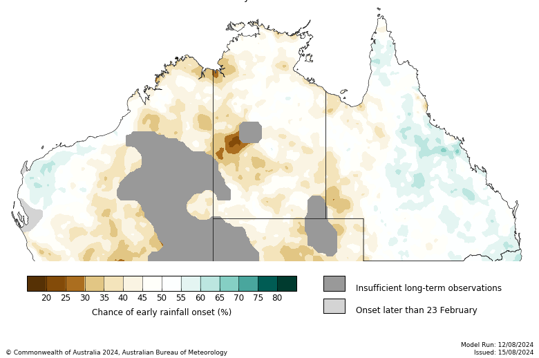 Map showing the chance of exceeding median rainfall during the next three months in Australia. Image provided by the Bureau of Meteorology. Please refer to accompanying text for a more detailed description.]