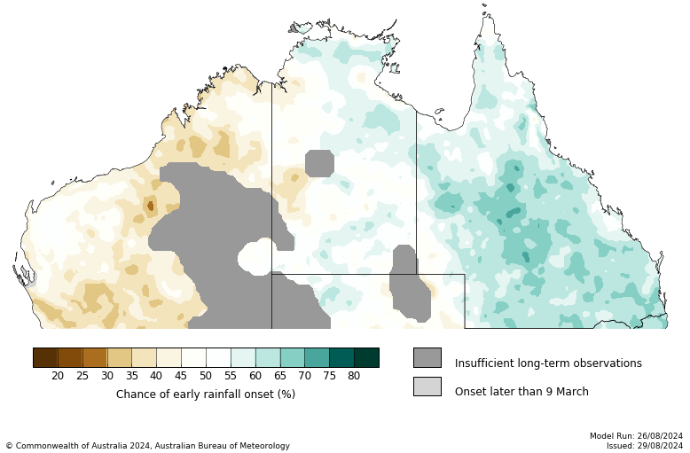 Map showing the likelihood of early Northern Australia Rainfall Onset. Later than usual rainfall onset likely in the west and central regions, earlier in parts of the east.]