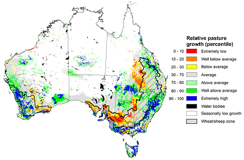 Map showing the relative pasture growth for latest 3 months Australia. Image provided by AussieGRASS. Please refer to accompanying text for a more detailed description.