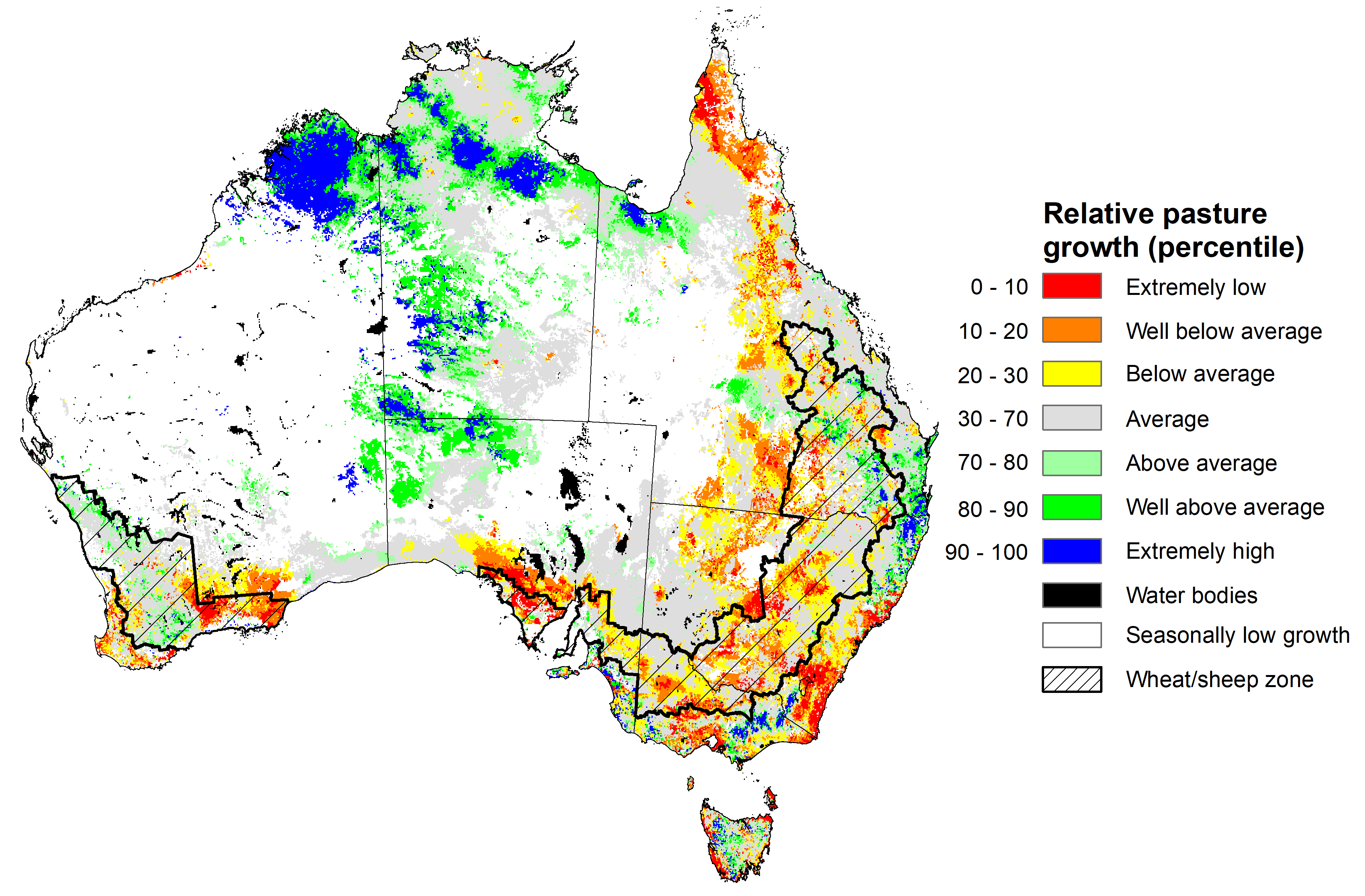 Map showing the relative pasture growth for latest 3 months Australia. Image provided by AussieGRASS. Please refer to accompanying text for a more detailed description.