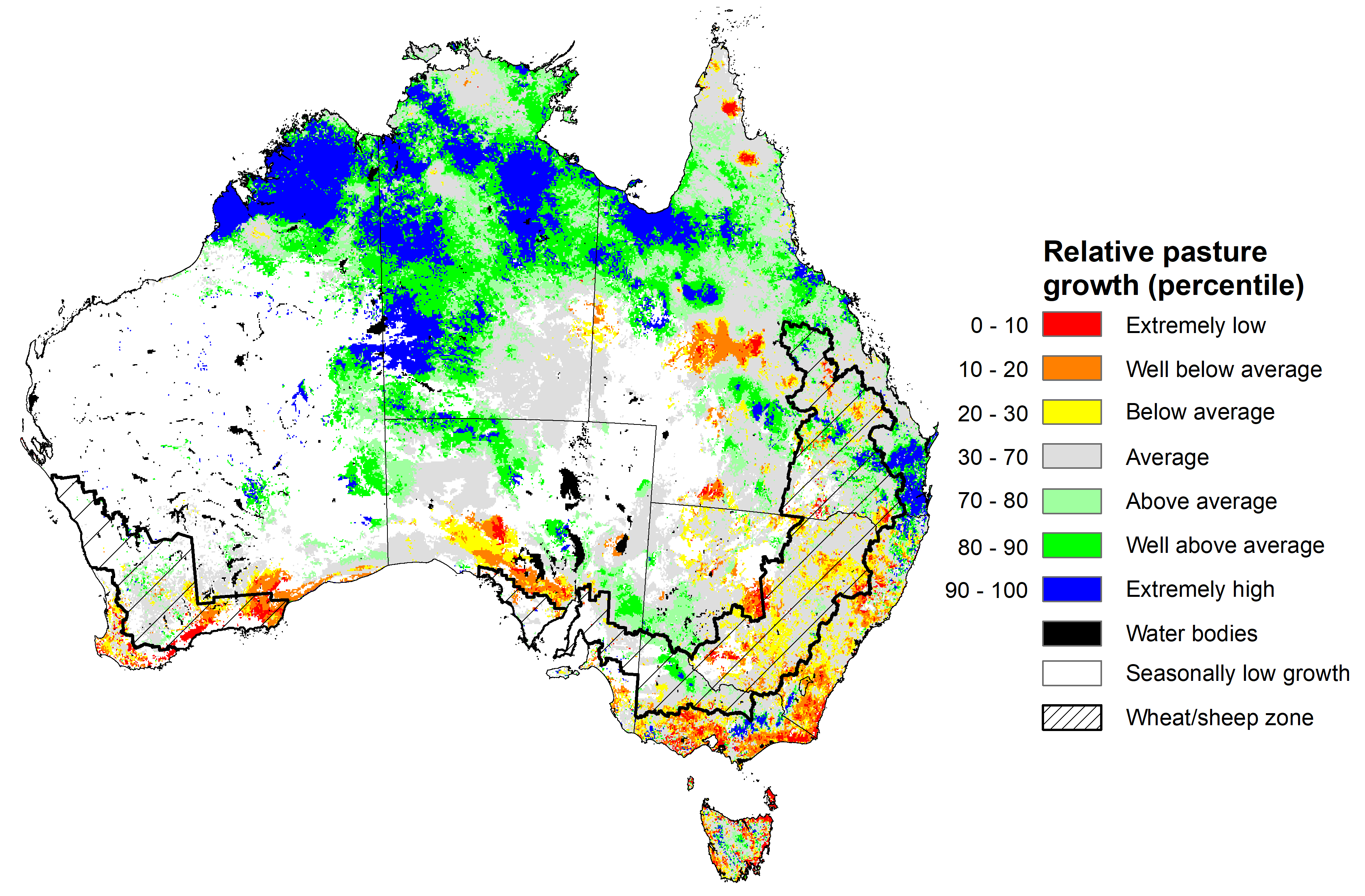 Map showing the relative pasture growth for latest 3 months Australia. Image provided by AussieGRASS. Please refer to accompanying text for a more detailed description.]