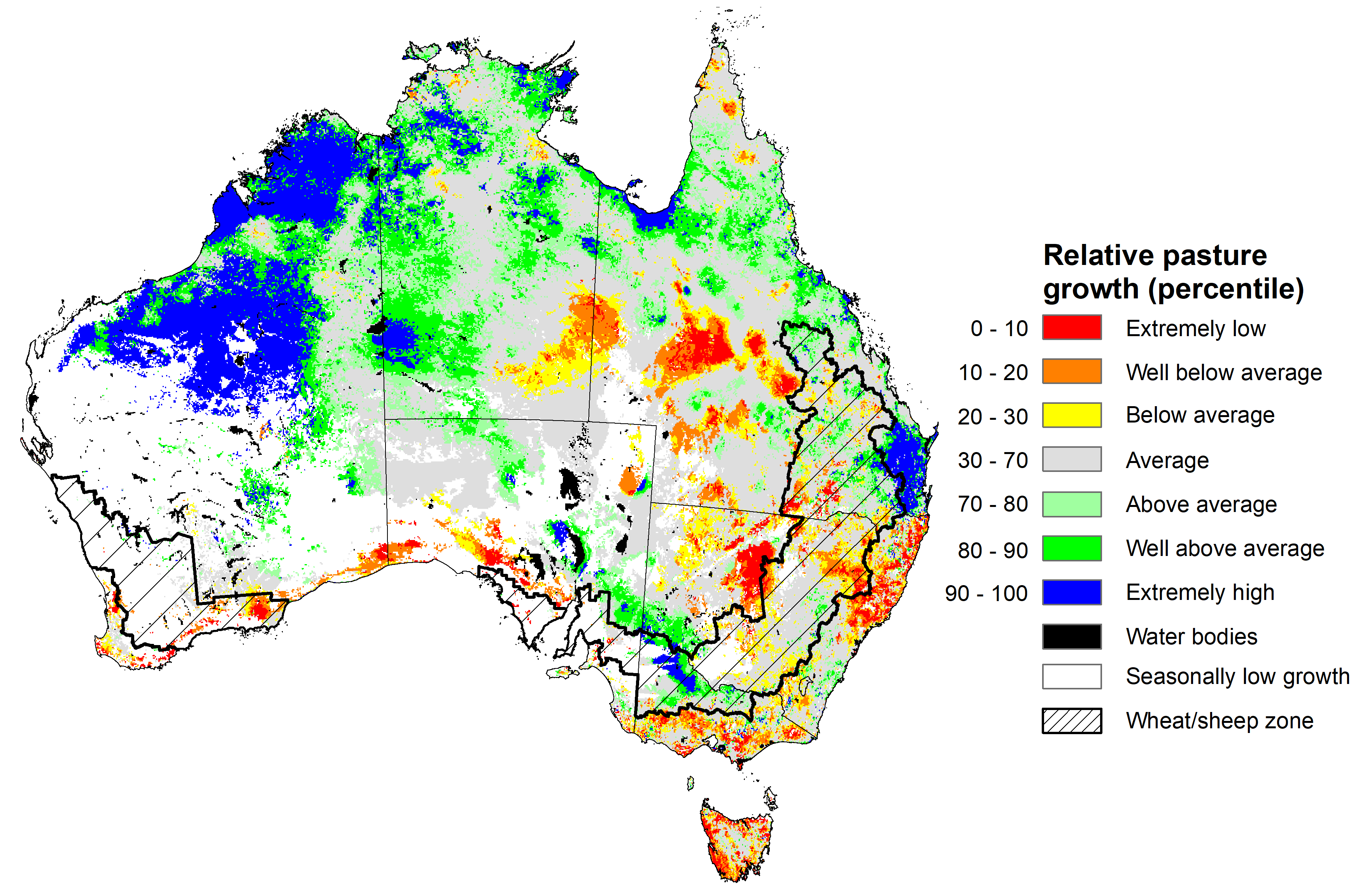 Map showing the relative pasture growth for latest 3 months Australia. Image provided by AussieGRASS. Please refer to accompanying text for a more detailed description.