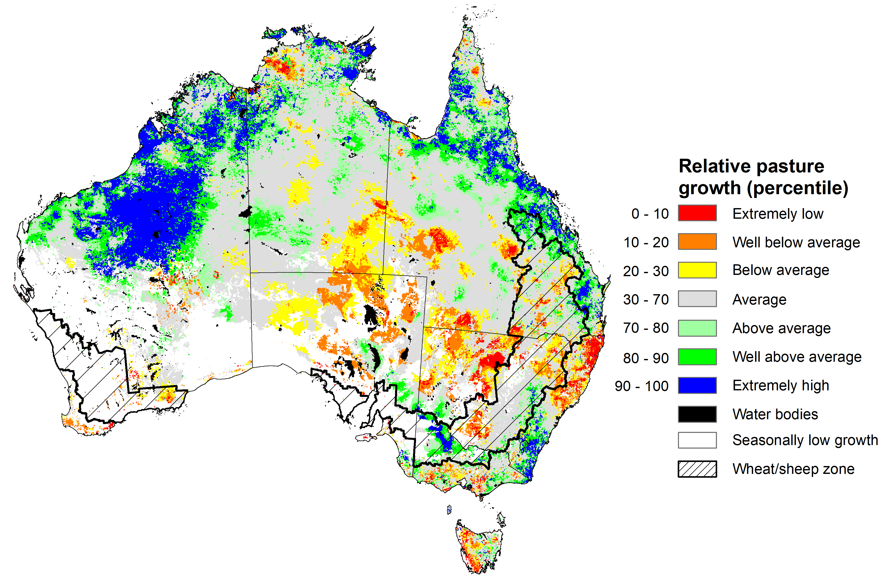 : Map showing the relative pasture growth for latest 3 months Australia. Image provided by AussieGRASS. Please refer to accompanying text for a more detailed description.