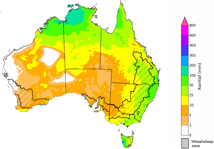 Map showing the rainfall totals that have a 75% chance of occurring during the next month in Australia. Image provided by the Bureau of Meteorology. Please refer to accompanying text for a more detailed description. The climate outlook is generated by ACCESS–S (Australian Community Climate Earth-System Simulator–Seasonal). ACCESS–S is the Bureau of Meteorology's dynamic (physics-based) weather and climate model used for monthly, seasonal, and longer-lead climate outlooks.