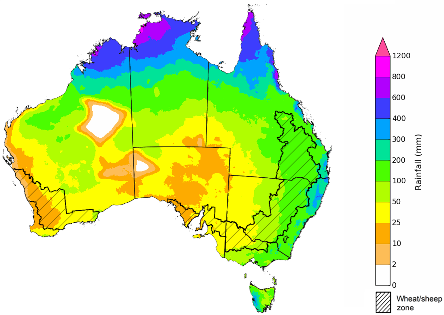 Map showing the rainfall totals that have a 75% chance of occurring during the next three months in Australia. Image provided by the Bureau of Meteorology. Please refer to accompanying text for a more detailed description.