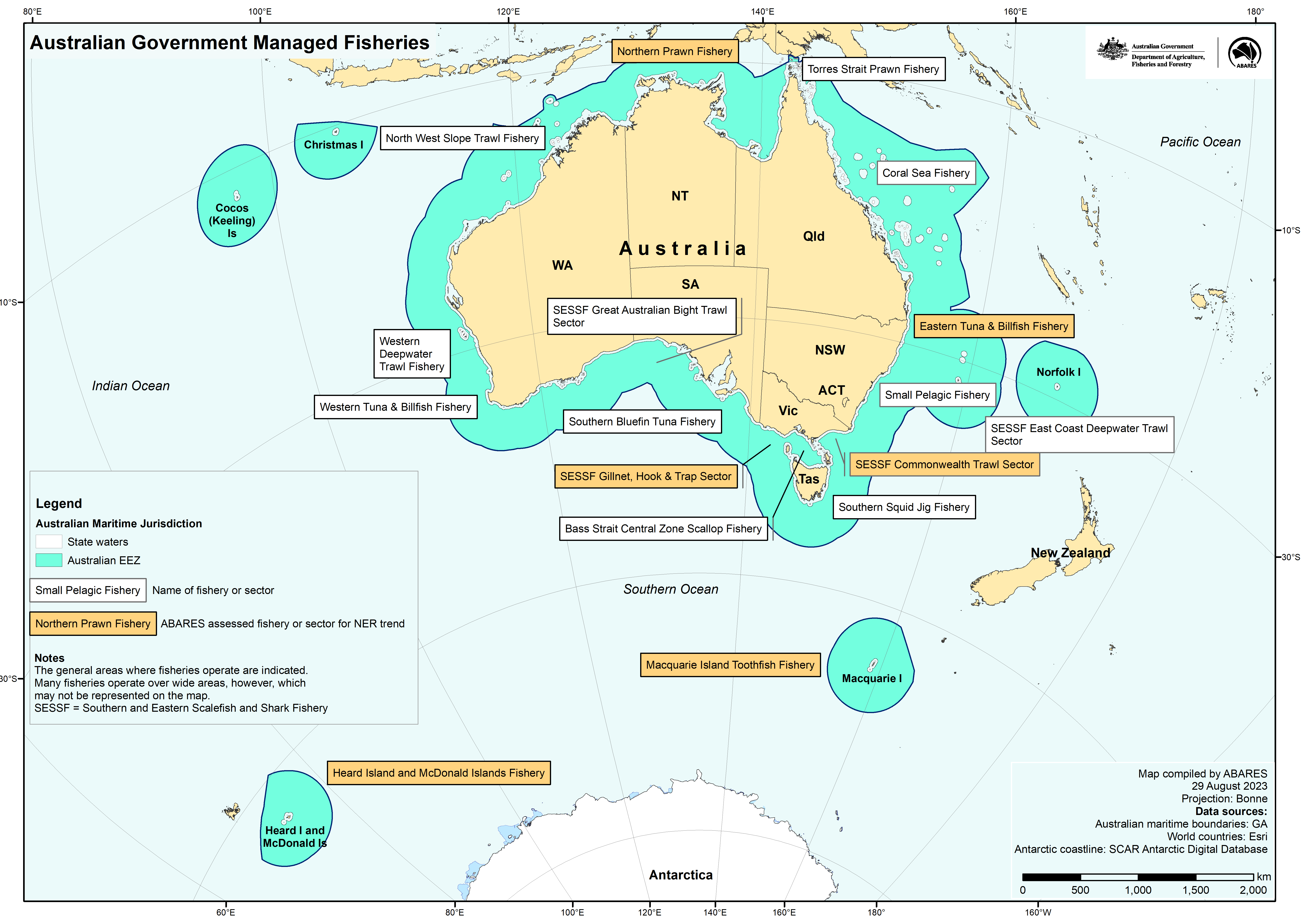 Shows map of Australia and surrounding islands (Christmas and Norfolk islands) indicating the general areas where Commonwealth-managed fisheries operate—noting that many fisheries operate over wide areas, which may not be represented on the map. The map also indicates the extent of state and Northern Territory waters (up to 3 nautical miles), and the Australian Fishing Zone (Commonwealth waters).  Fisheries indicated in white boxes on the map are the: North West Slope Trawl Fishery, Western Deepwater Trawl 