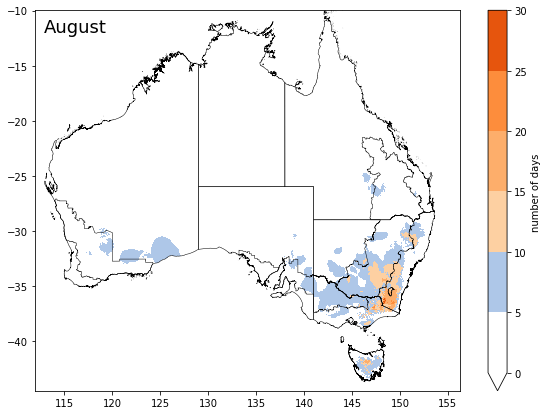 Map of the number of days minimum temperature was below 2°C based on historical climatology (1993-2022) and in the latest months. Data provided by the Bureau of Meteorology. Please refer to accompanying text for a more detailed description.