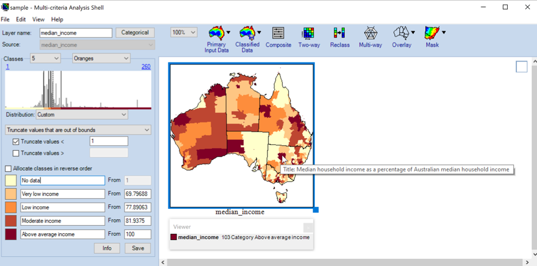 Image shows continuous data layer median income classified into 5 classes