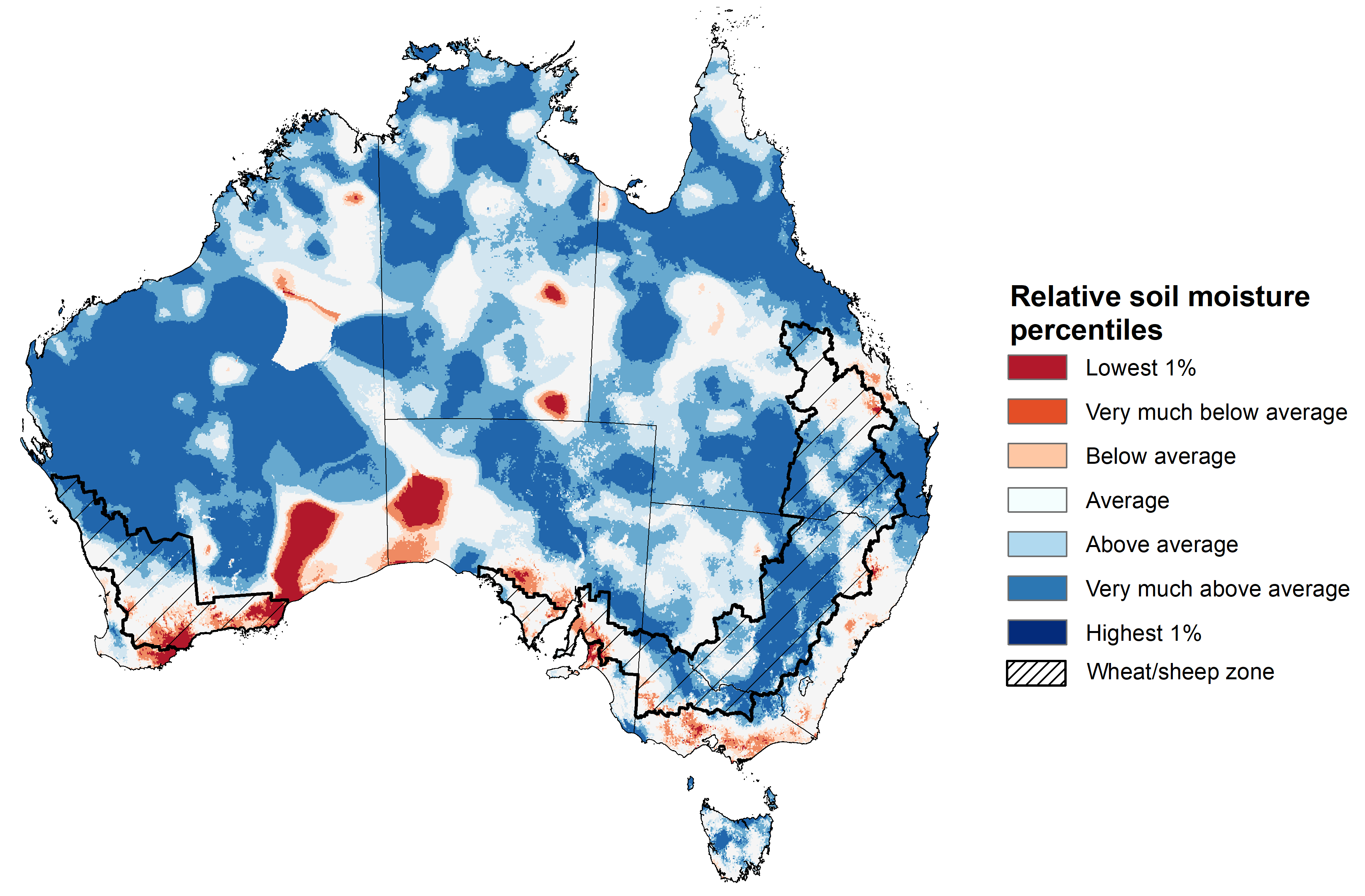 Map showing the lower layer soil moisture for the previous season in Australia. Image provided by the Bureau of Meteorology. Please refer to accompanying text for a more detailed description.