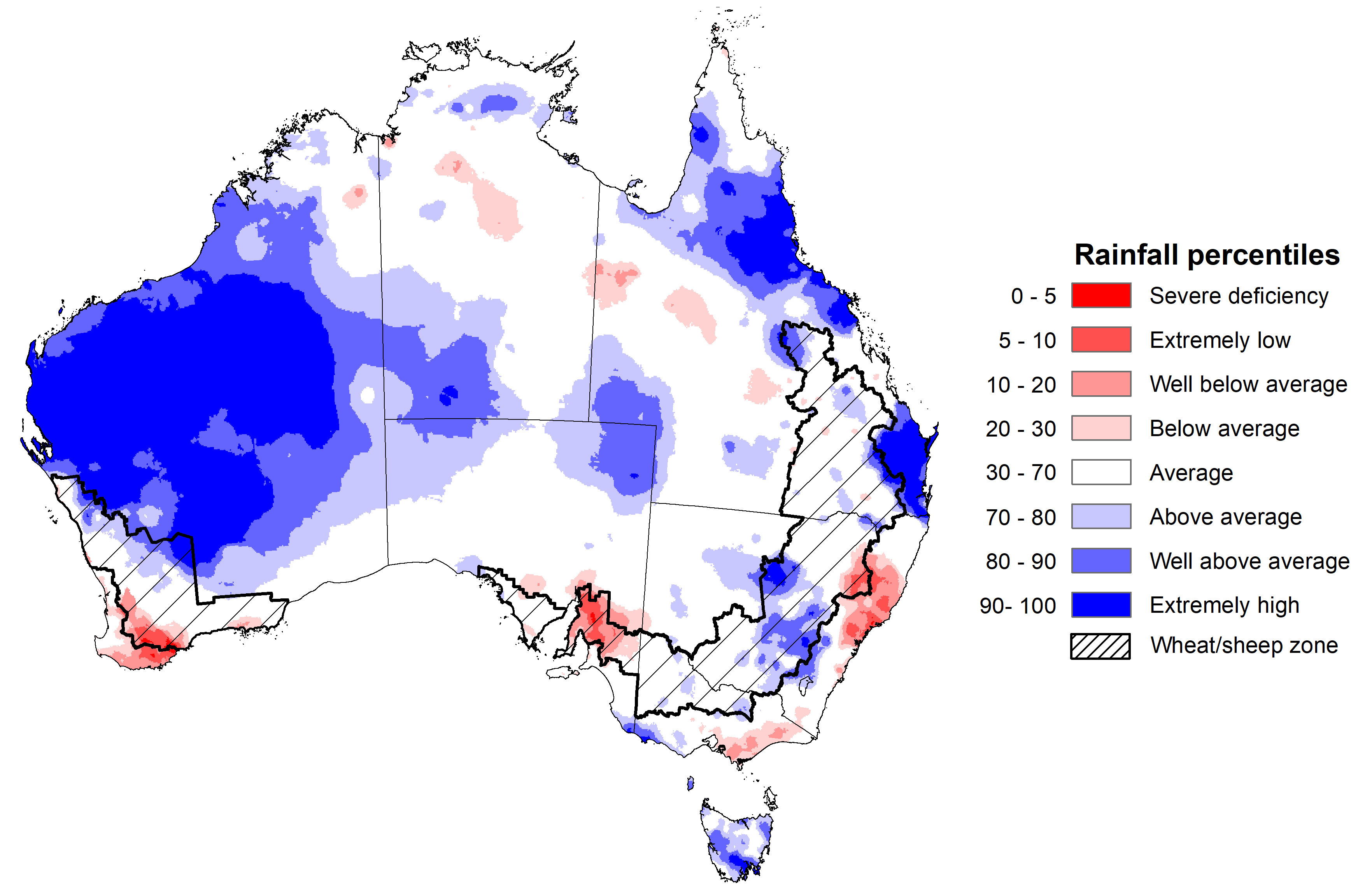 Map showing the rainfall percentiles for the previous month in Australia. Image provided by the Bureau of Meteorology. Please refer to accompanying text for a more detailed description