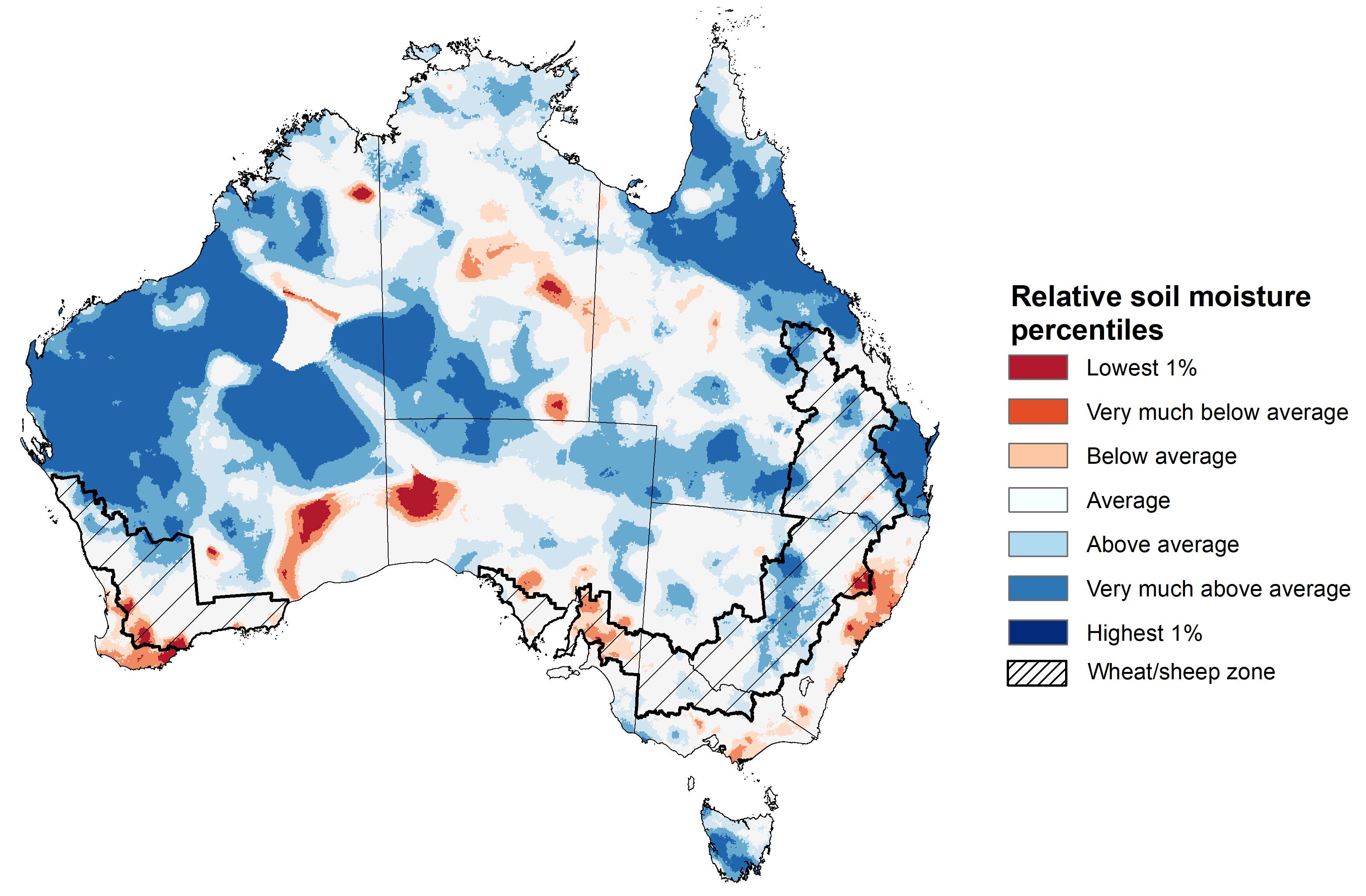 Map showing the upper layer soil moisture for the previous season in Australia. Image provided by the Bureau of Meteorology. Please refer to accompanying text for a more detailed description.]