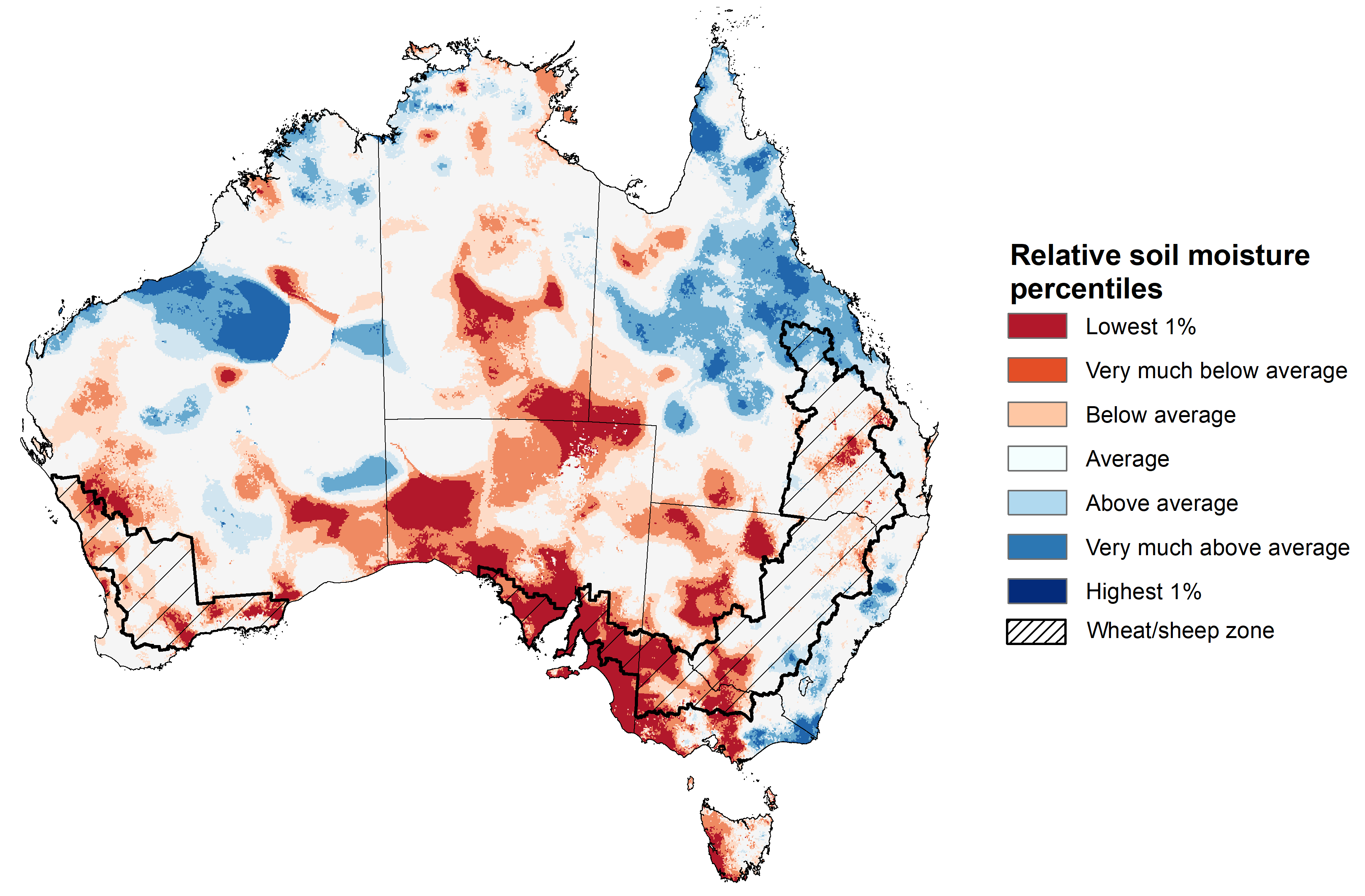 Map showing the lower layer soil moisture for the previous season in Australia. Image provided by the Bureau of Meteorology. Please refer to accompanying text for a more detailed description