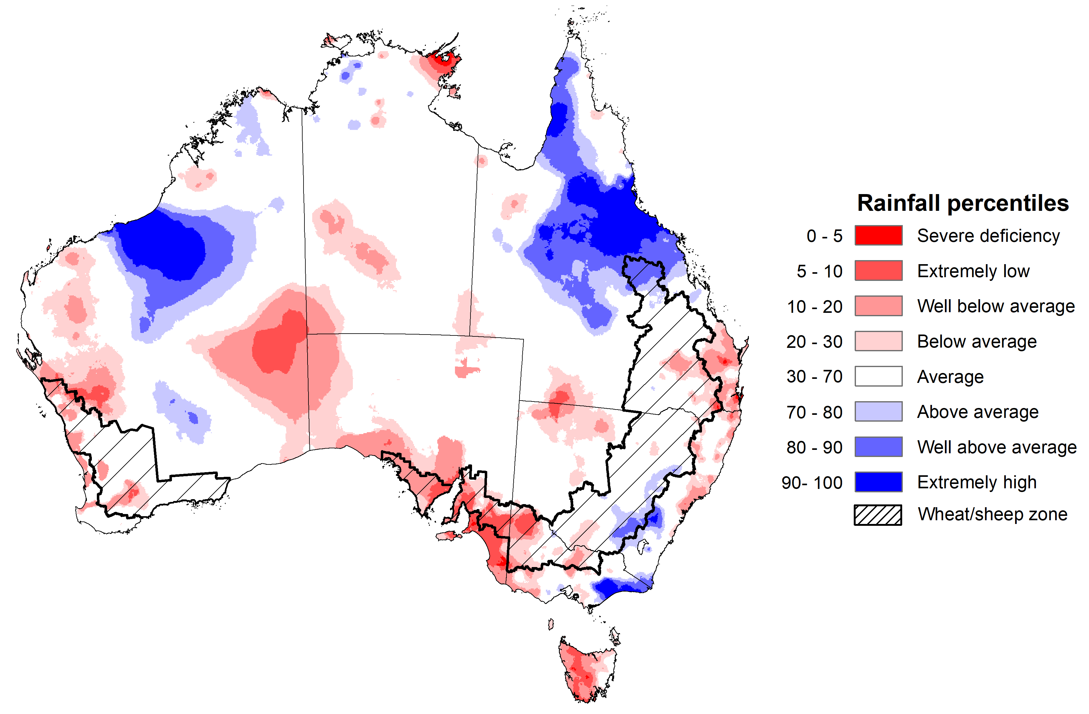 Map showing the rainfall percentiles for the previous month in Australia. Image provided by the Bureau of Meteorology. Please refer to accompanying text for a more detailed description.