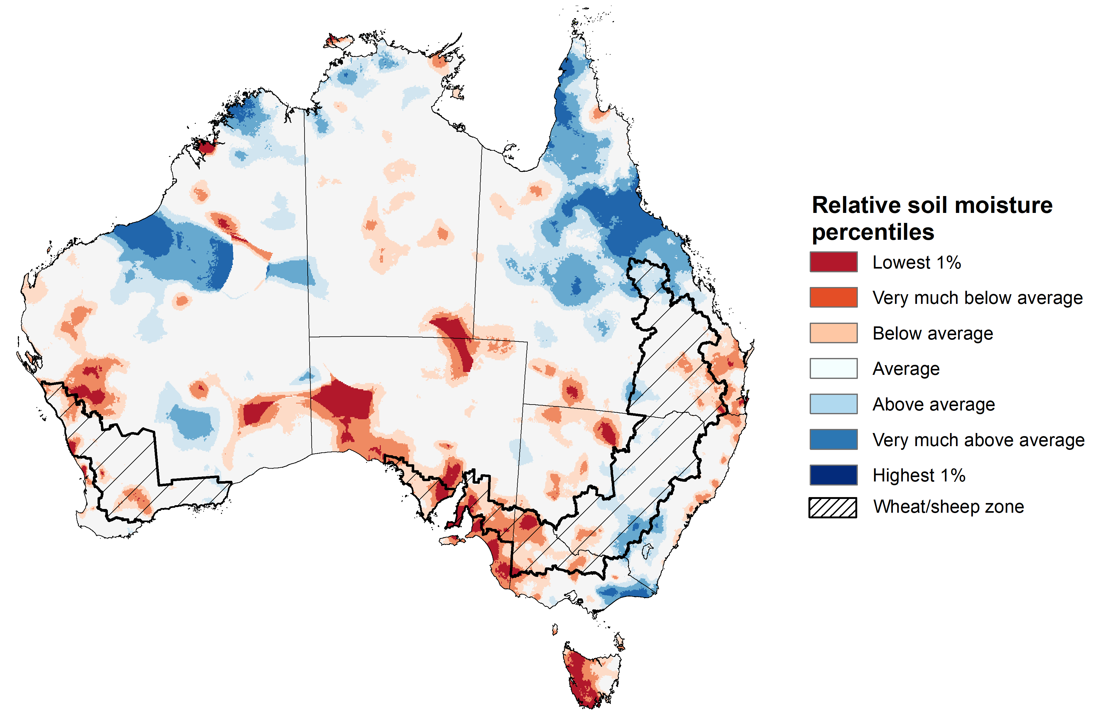 Map showing the upper layer soil moisture for the previous season in Australia. Image provided by the Bureau of Meteorology. Please refer to accompanying text for a more detailed description.