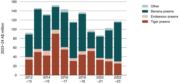 Shows gross value of production (GVP) in real terms (2023–24 dollars) by key target species in the Northern Prawn Fishery (NPF) between 2012–13 and 2022–23. Key target species shown are Tiger prawns, Endeavour prawns, Banana prawns and Other.   Total real GVP of the NPF fluctuated between 2012–13 and 2018–19 (from a low of $92.4 million in 2012–13 to a high of $136.8 million in 2018–19), then declined to $86.5 million in 2020–21 and increased to $117.1 million in 2022–23.  Between 2012–13 and 2022–23 the GV