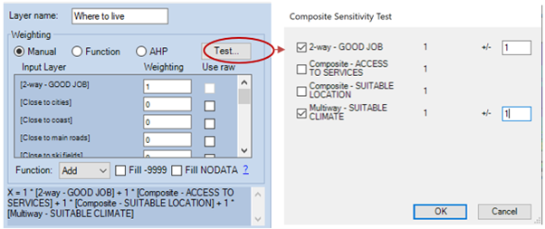 Image shows location of test button to complete sensitivity analysis for manual composite data layer