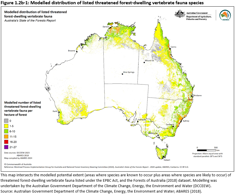 Figure 1.2b-1: Modelled distribution of listed threatened forest-dwelling vertebrate fauna. Most forest has at a range of least 1 to 5 modelled threatened forest-dwelling fauna per hectare, with areas of 6 to 10 across eastern and northern Tasmania, eastern New South Wales, south east Queensland, coastal north Queensland, northern areas of the Northern Territory with western Kimbley region, with some areas in south west Western Australia and Victoria.