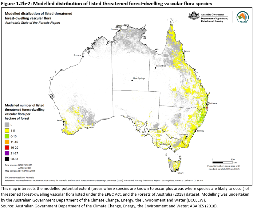 Figure 1.2b-2: Modelled distribution of listed threatened forest-dwelling vascular flora species. Forest with 1 to 5 species occurs across central and eastern Tasmania, southern South Australia, much of Victoria, eastern New South Wales, much of Queensland except the drier, inland country and the central to western areas of Cape York. Areas of 6 to 10 species are concentrated in central coast and northern New South Wales, and south east Queensland. A small area of 16 to 31 species on the NSW/Qld border.