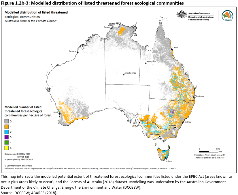 Figure 1.2b-3: Modelled distribution of listed threatened forest ecological communities. Forest with 1 threatened forest ecological community occurs in eastern South Australia, western Tasmania inland areas of New South Wales, the southern portion of Queensland and the wheatbelt of Western Australia. Areas with 2 ecological communities occur eastern Tasmania, and in the dry, inland areas of Victoria and New South Wales and through the southern portion of Queensland. 