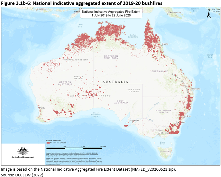 Figure 3.1b-6: National indicative aggregated extent of 2019-20 bushfires. Map showing fires in 2019-20 across Australia. Fire occurred in much of the Kimberley, the top end of the Northern Territory and Cape York. Fire also occurred through the Great Dividing Range in New South Wales and the coast areas in the south east around the New South Wales/Victorian border. Smaller but widespread areas burnt in the western woodlands and the central-east deserts of Western Australia.