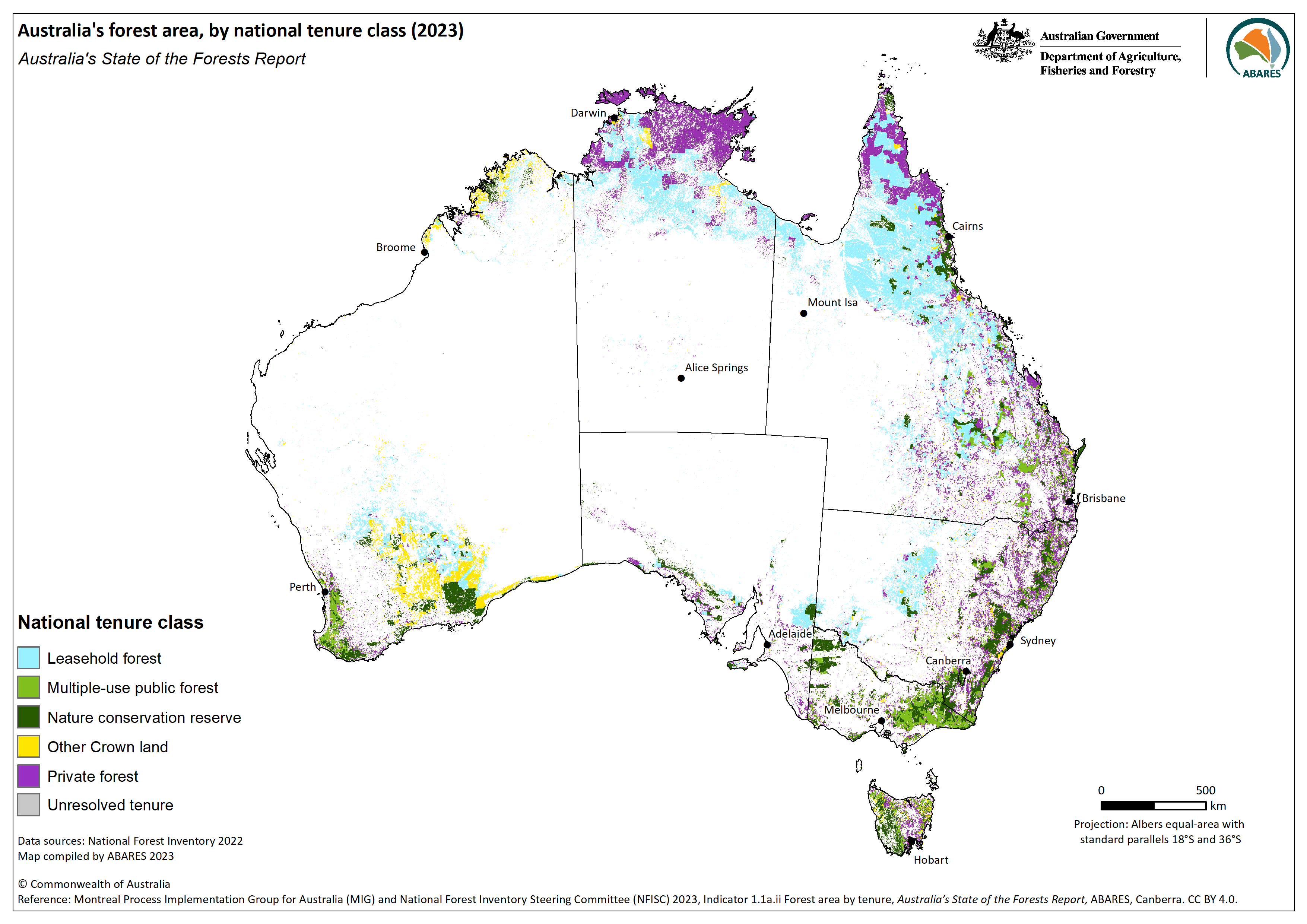 Figure 1.1a.ii-1: Australia’s forest, by tenure class. Download a high-resolution image from the link below the image.