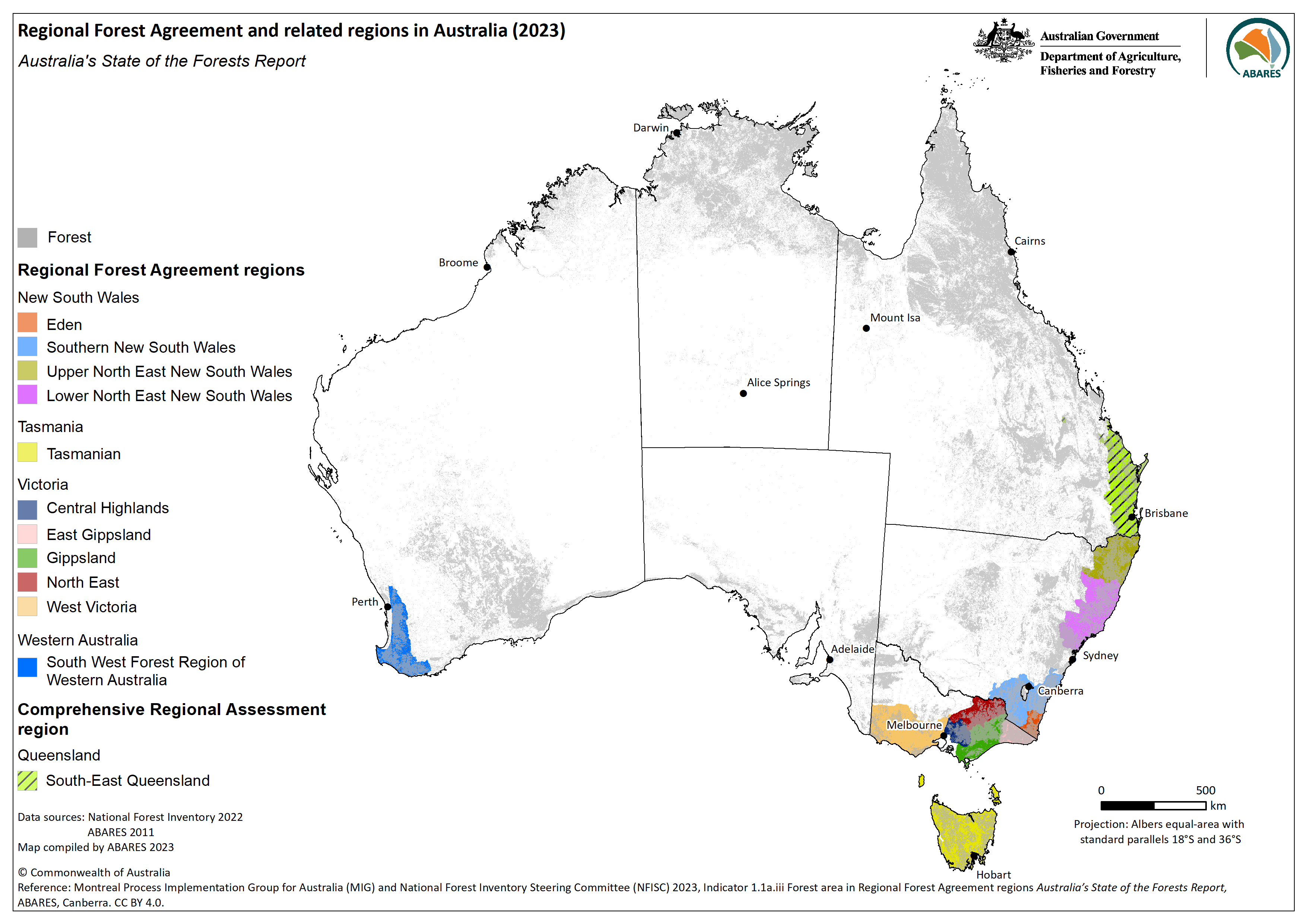 Figure 1.1a.iii-1: Regional Forest Agreement and related regions, and current forest cover. Download a high-resolution image from the link below the image.