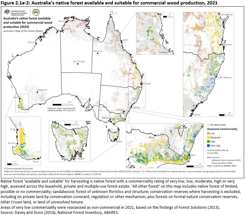 Figure 2.1a-2: Australia’s native forest available and suitable for commercial wood production, 2021