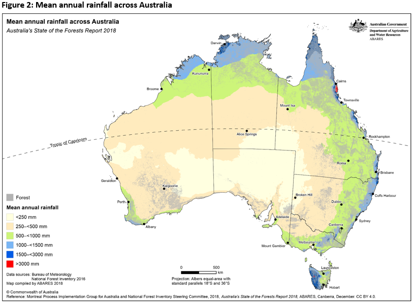  Figure 2: Map showing mean annual rainfall across Australia