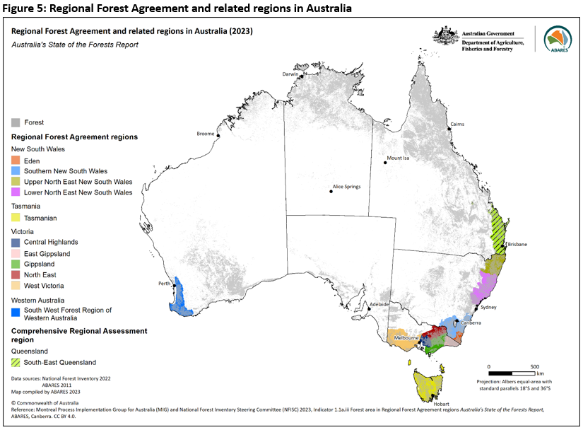 Figure 5: Map showing Regional Forest Agreement and related regions in Australia