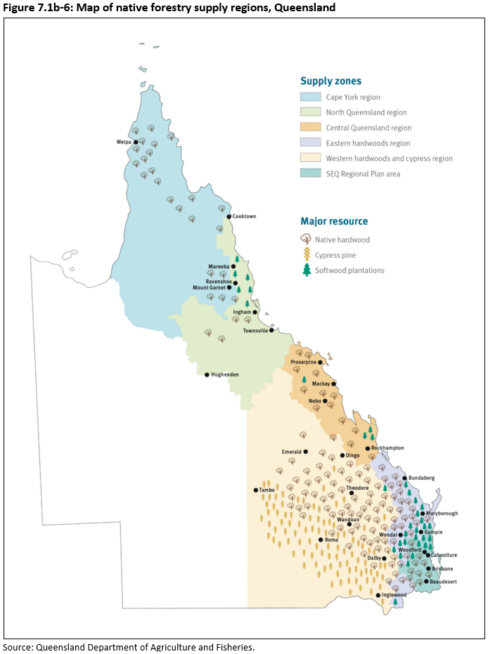 Figure 7.1b-6: Map of native forestry supply regions, Queensland