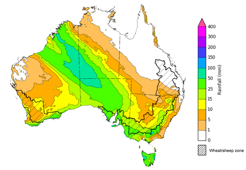 Map of the total forecast rainfall for the next 8 days. Image provided by the Bureau of Meteorology. Please refer to accompanying text for a more detailed description.