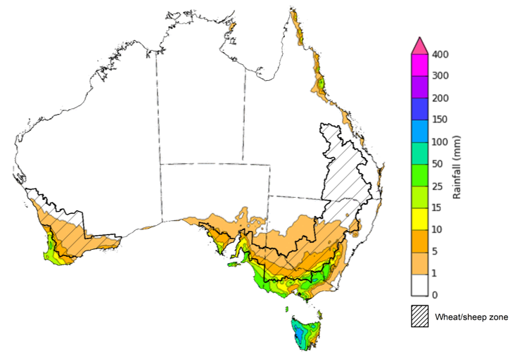 Map of the total forecast rainfall for the next 8 days. Image provided by the Bureau of Meteorology. Please refer to accompanying text for a more detailed description.