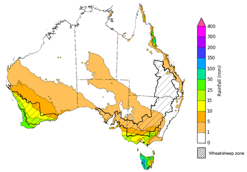 Map of the total forecast rainfall for the next 8 days. Image provided by the Bureau of Meteorology. Please refer to accompanying text for a more detailed description.