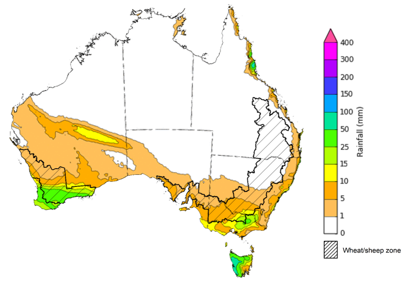 Map of the total forecast rainfall for the next 8 days. Image provided by the Bureau of Meteorology. Please refer to accompanying text for a more detailed description