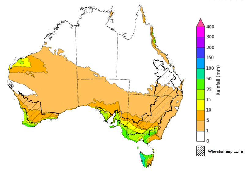 Map of the total forecast rainfall for the next 8 days. Image provided by the Bureau of Meteorology. Please refer to accompanying text for a more detailed description.