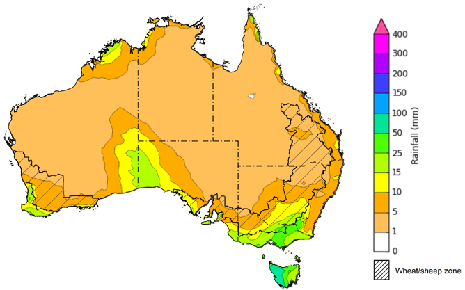 Map of the total forecast rainfall for the next 8 days. Image provided by the Bureau of Meteorology. Please refer to accompanying text for a more detailed description.