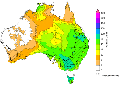 Map of the total forecast rainfall for the next 8 days. Image provided by the Bureau of Meteorology. Please refer to accompanying text for a more detailed description.