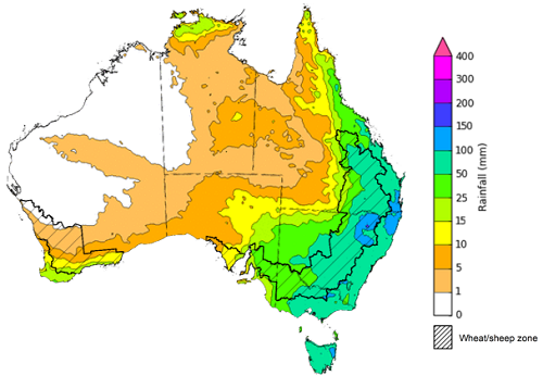 Map of the total forecast rainfall for the next 8 days. Image provided by the Bureau of Meteorology. Please refer to accompanying text for a more detailed description.