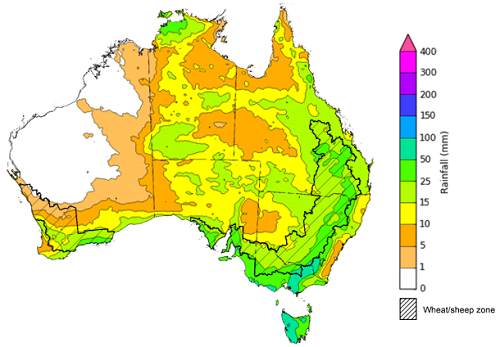 Map of the total forecast rainfall for the next 8 days. Image provided by the Bureau of Meteorology. Please refer to accompanying text for a more detailed description.