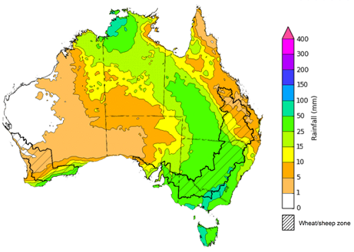 Map of the total forecast rainfall for the next 8 days. Image provided by the Bureau of Meteorology. Please refer to accompanying text for a more detailed description.