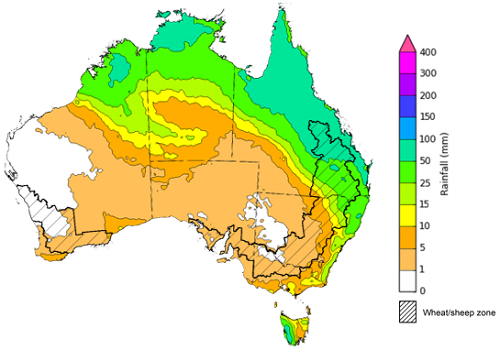 Map of the total forecast rainfall for the next 8 days. Image provided by the Bureau of Meteorology. Please refer to accompanying text for a more detailed description.