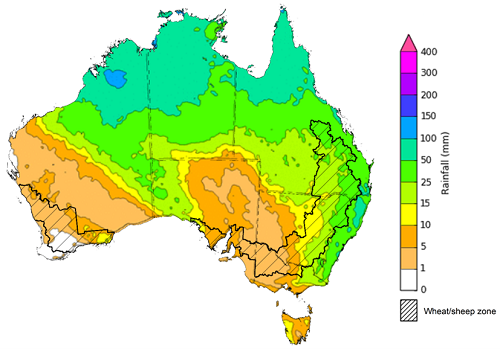 Map of the total forecast rainfall for the next 8 days. Image provided by the Bureau of Meteorology. Please refer to accompanying text for a more detailed description.