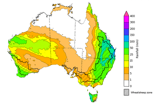 Map of the total forecast rainfall for the next 8 days. Image provided by the Bureau of Meteorology. Please refer to accompanying text for a more detailed description.